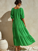 Women's Elegant Resort-Style Round Neck And Short Sleeves Cotton-Linen Loose-Fit Maxi Dress ZMZ0978F8ZYY