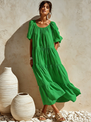 Women's Elegant Resort-Style Round Neck And Short Sleeves Cotton-Linen Loose-Fit Maxi Dress ZMZ0978F8ZYY