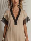Women's Elegant Featuring A V-neck, Short Sleeves, And Mesh Paneling At The Neckline, Cuffs, And Hem. Cotton-Linen Dress ZMZ0921F0ZYY