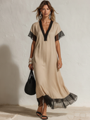 Women's Elegant Featuring A V-neck, Short Sleeves, And Mesh Paneling At The Neckline, Cuffs, And Hem. Cotton-Linen Dress ZMZ0921F0ZYY
