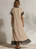 Women's Elegant Featuring A V-neck, Short Sleeves, And Mesh Paneling At The Neckline, Cuffs, And Hem. Cotton-Linen Dress ZMZ0921F0ZYY