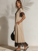 Women's Elegant Featuring A V-neck, Short Sleeves, And Mesh Paneling At The Neckline, Cuffs, And Hem. Cotton-Linen Dress ZMZ0921F0ZYY