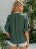 Women's Classic Dark Green Cotton-Linen V-Neck Loose Short-Sleeve Top ZMZ0992F8SWL