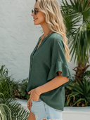 Women's Classic Dark Green Cotton-Linen V-Neck Loose Short-Sleeve Top ZMZ0992F8SWL