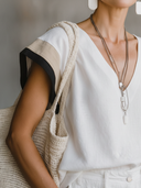 Women's Elegant Cotton-Linen Blend With Panel Detail V-Neck Short-Sleeve T-Shirt ZMZ0978F9ZYY