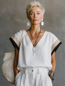 Women's Elegant Cotton-Linen Blend With Panel Detail V-Neck Short-Sleeve T-Shirt ZMZ0978F9ZYY