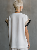 Women's Elegant Cotton-Linen Blend With Panel Detail V-Neck Short-Sleeve T-Shirt ZMZ0978F9ZYY