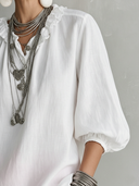 Women's Premium Minimalist Cotton-Linen V-Neck Lantern-Sleeve Shirt ZMZ0964F6ZYY
