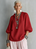 Women's Premium Minimalist Cotton-Linen V-Neck Lantern-Sleeve Shirt ZMZ0964F6ZYY