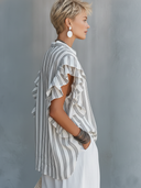 Women's Premium Minimalist Vertical-Stripe Mandarin Collar And Ruffle Sleeves Cotton-Linen Shirt ZMZ0953F5ZYY