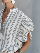 Women's Premium Minimalist Vertical-Stripe Mandarin Collar And Ruffle Sleeves Cotton-Linen Shirt ZMZ0953F5ZYY