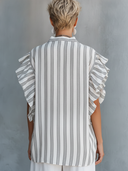 Women's Premium Minimalist Vertical-Stripe Mandarin Collar And Ruffle Sleeves Cotton-Linen Shirt ZMZ0953F5ZYY