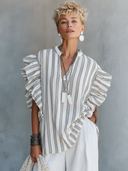Women's Premium Minimalist Vertical-Stripe Mandarin Collar And Ruffle Sleeves Cotton-Linen Shirt ZMZ0953F5ZYY