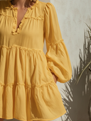 Women's Casual Resort-Style – Bright Tones, V-Neck, Lantern Sleeves, Loose Fit Cotton-Linen Mini Dress  ZMZ0999F4ZYY