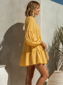 Women's Casual Resort-Style – Bright Tones, V-Neck, Lantern Sleeves, Loose Fit Cotton-Linen Mini Dress  ZMZ0999F4ZYY