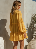 Women's Casual Resort-Style – Bright Tones, V-Neck, Lantern Sleeves, Loose Fit Cotton-Linen Mini Dress  ZMZ0999F4ZYY