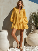 Women's Casual Resort-Style – Bright Tones, V-Neck, Lantern Sleeves, Loose Fit Cotton-Linen Mini Dress  ZMZ0999F4ZYY