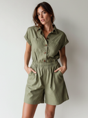 Women's Casual Vintage Multiple Pockets Cotton Short-Sleeve Collared Jumpsuit ZMZ0920F0ZYY