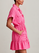 Women's Casual Retro Bright-Tone With Short Sleeves And Multiple Pockets Cotton-Linen Mini Shirt Dress  ZMZ0966F5ZYY