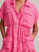 Women's Casual Retro Bright-Tone With Short Sleeves And Multiple Pockets Cotton-Linen Mini Shirt Dress  ZMZ0966F5ZYY