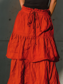Women's Casual Red Cotton-Linen Tiered Elastic Waist I Skirt ZMZ0976F3ZYY