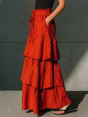 Women's Casual Red Cotton-Linen Tiered Elastic Waist I Skirt ZMZ0976F3ZYY