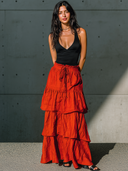 Women's Casual Red Cotton-Linen Tiered Elastic Waist I Skirt ZMZ0976F3ZYY