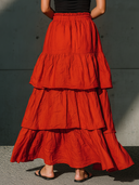 Women's Casual Red Cotton-Linen Tiered Elastic Waist I Skirt ZMZ0976F3ZYY