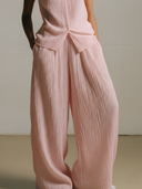 Women's Premium Minimalist Pleated-Texture Stand-Collar Short-Sleeve T-Shirt And Elastic-Waist Wide-Leg Pants Set ZMZ0966F1ZYY
