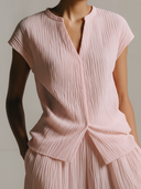 Women's Premium Minimalist Pleated-Texture Stand-Collar Short-Sleeve T-Shirt And Elastic-Waist Wide-Leg Pants Set ZMZ0966F1ZYY