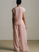 Women's Premium Minimalist Pleated-Texture Stand-Collar Short-Sleeve T-Shirt And Elastic-Waist Wide-Leg Pants Set ZMZ0966F1ZYY