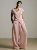Women's Premium Minimalist Pleated-Texture Stand-Collar Short-Sleeve T-Shirt And Elastic-Waist Wide-Leg Pants Set ZMZ0966F1ZYY
