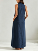 Women's Classic Denim Blue Sleeveless Front Zipper Loose Maxi Dress ZMZ0955F7SWL