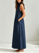 Women's Classic Denim Blue Sleeveless Front Zipper Loose Maxi Dress ZMZ0955F7SWL