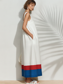 Women's Premium Minimalist – Square Neck, Cotton-Linen Blend, And Chest Embroidery Sleeveless Maxi Dress ZMZ0975F5ZYY