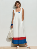 Women's Premium Minimalist – Square Neck, Cotton-Linen Blend, And Chest Embroidery Sleeveless Maxi Dress ZMZ0975F5ZYY