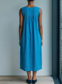 Women's Boho Folk Style Cotton Linen Floral Embroidered Sleeveless Notch Neck Midi Dress ZMZ0979F7YZH