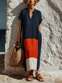 Women's Resort Style Cotton Linen Color Block Notch Neck Caftan Midi Dress ZMZ0922F2YZH