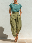 Women's Solid Color Embroidered T-shirt And Pants Two-Piece Set ZMZ1081F9XT