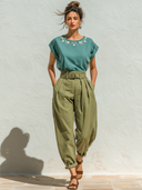Women's Solid Color Embroidered T-shirt And Pants Two-Piece Set ZMZ1081F9XT