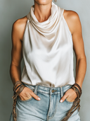 Women's Retro Casual Satin Duffle Neck Sleeveless Tank Top ZMZ1042F3ZJY