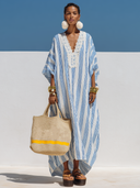 Women's Vacation V-Neck Striped Print Lace-Panel Maxi Dress ZMZ1059F8XT