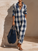 Women's Casual Plaid Long-Sleeve Collared Jumpsuit ZMZ1097F9XT