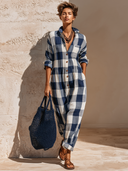 Women's Casual Plaid Long-Sleeve Collared Jumpsuit ZMZ1097F9XT