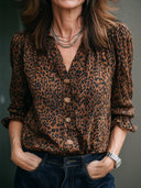 Women's Leopard Print V-Neck Long-Sleeve Shirt ZMZ1059F3XT