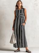 Women's Retro Casual Striped Print Crew Neck Sleeveless Midi Dress ZMZ1007F7ZJY