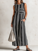 Women's Retro Casual Striped Print Crew Neck Sleeveless Midi Dress ZMZ1007F7ZJY