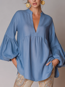 Women's Solid-Color Cotton-Linen V-Neck Loose Long-Sleeve Shirt ZMZ1004F0XT