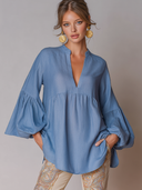 Women's Solid-Color Cotton-Linen V-Neck Loose Long-Sleeve Shirt ZMZ1004F0XT