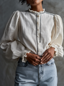 Women's Cotton And Linen Stand-up Collar Long-sleeved Button-down Shirt ZMZ1007F1XT